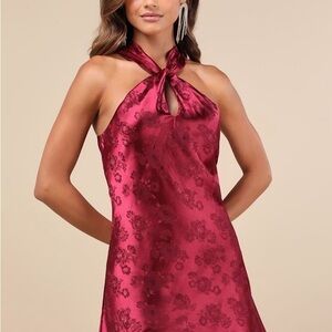 NWT Lulus Got the Key Burgundy Satin Floral Halter Mini Dress Size Small